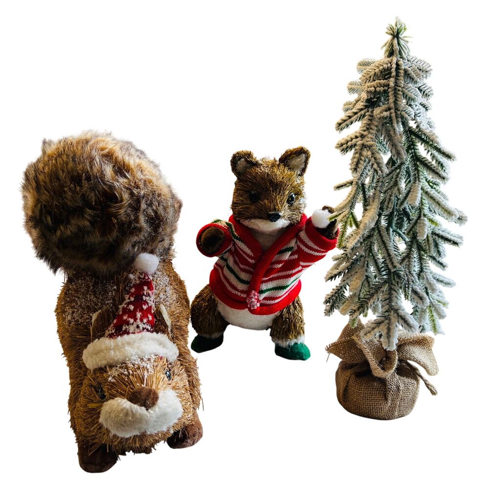 Set of 3 Pier One Natural Fiber Winter Bushy Tail Squirrel, Fox and Flocked Tree